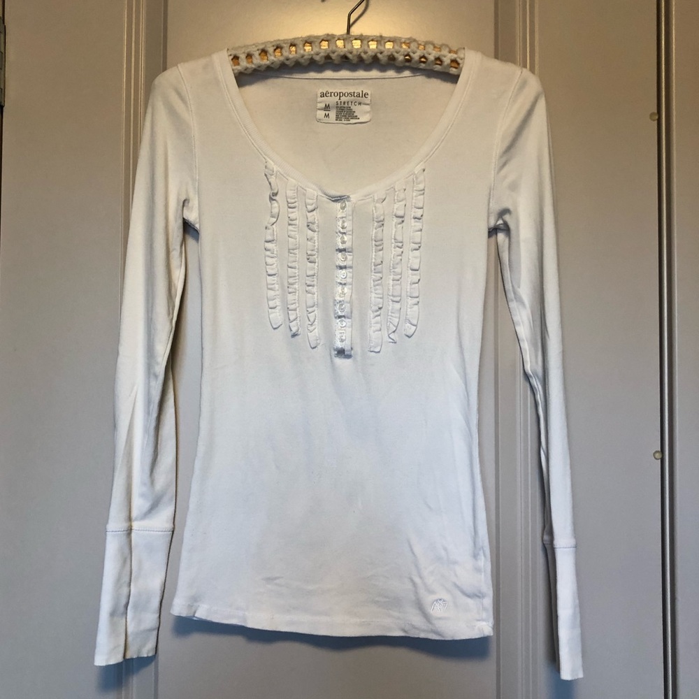 AEROPOSTALE -Med- Frilly Stretch Cotton/Spandex Shirt in white